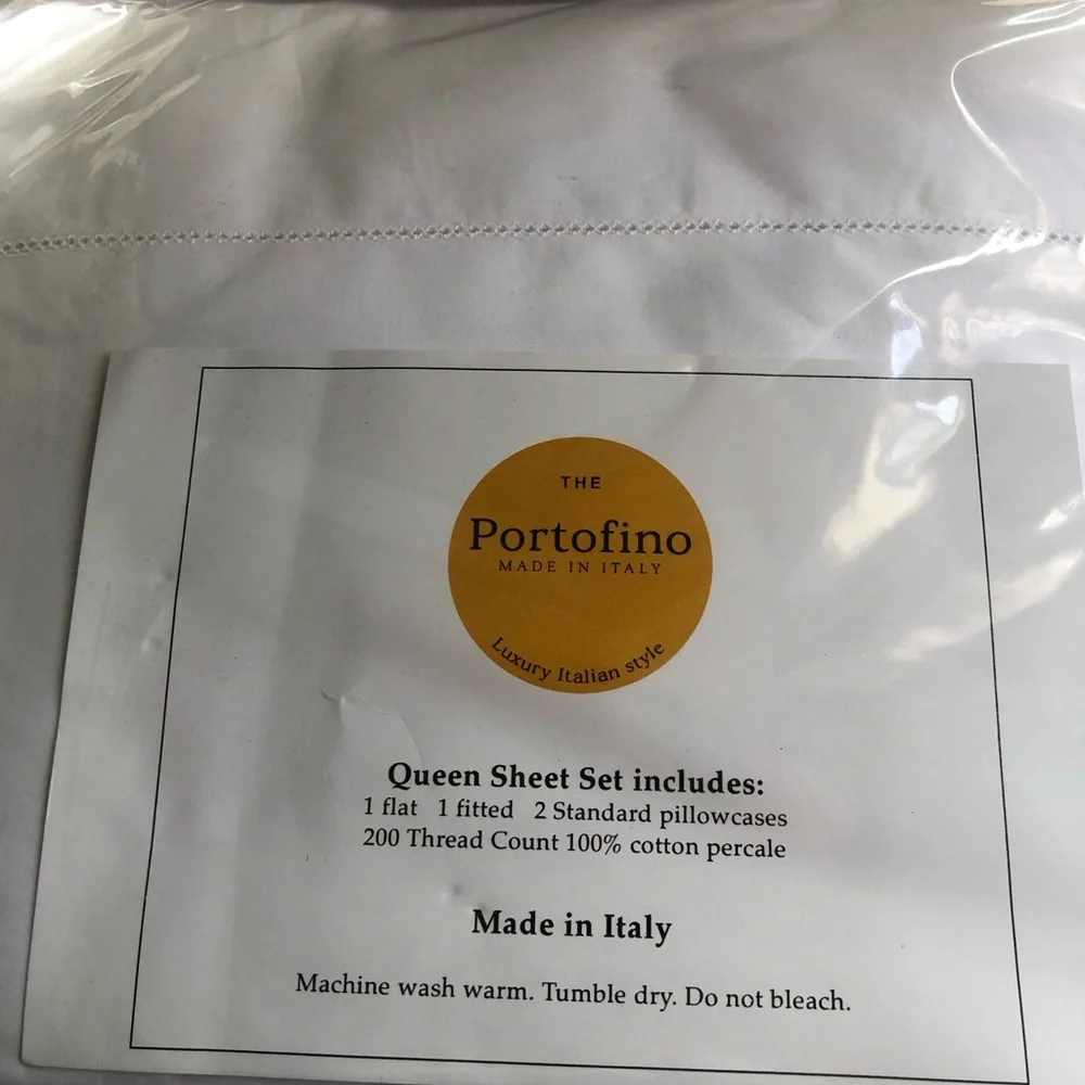 PORTOFINO Italy Embroidered Gray Scalloped QUEEN Size Cotton Sheet Set